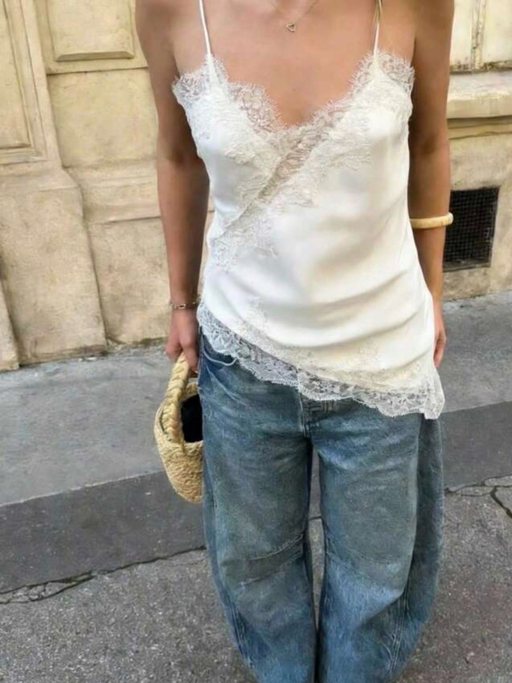 Asymmetric Lace Trim Ivory Satin Camisole Top
